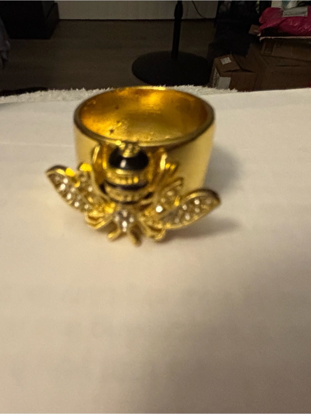 Source Unknown Gold Bee Ring with Black Enamel and Crystals